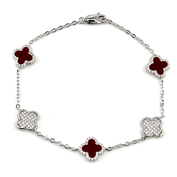 925 Solid Sterling Silver Luxury Maroon Red Clover Bracelet - Picture 2 of 5
